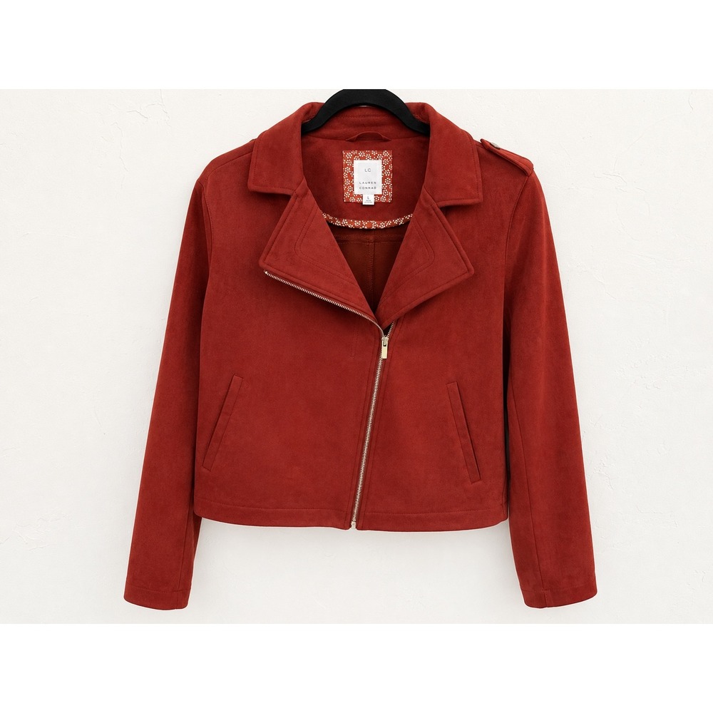 LC Lauren Conrad Faux Suede Moto Jacket Rust Red Asymmetrical Zip Epaulettes L